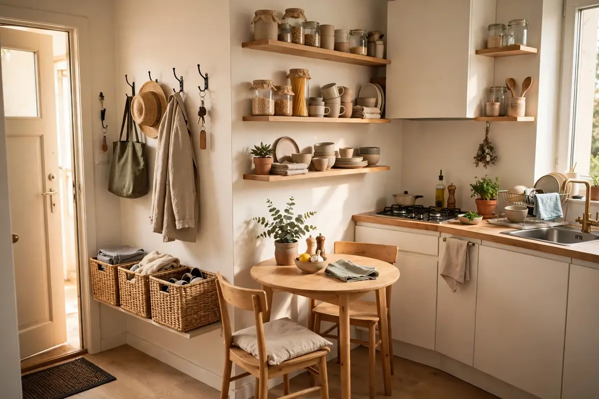 A small, bright, organized apartment kitchen
