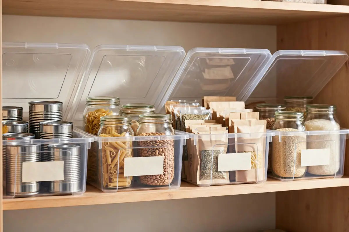 A pantry shelf with clear storage bins, cans and jars