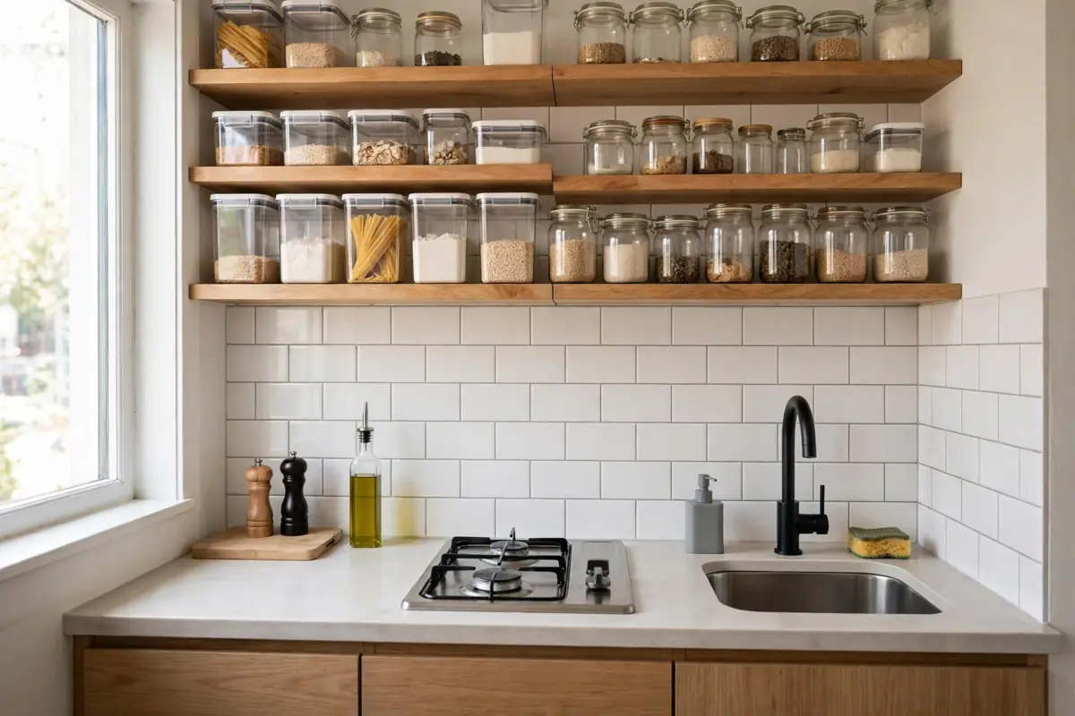 Open kitchen shelves with jars and storage bins, with a stove and sink visible